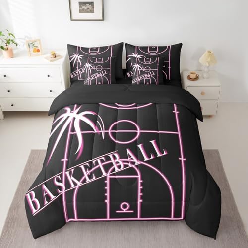 Erosebridal Kids Basketball King Comforter Set 7 Pieces for Girls Pink Bedding Comforter Sets, Ball Gamer Bed in a Bag Sport Game Bedding Set, Girly Basketball Court Bed Sheets Set (Black Reversible)