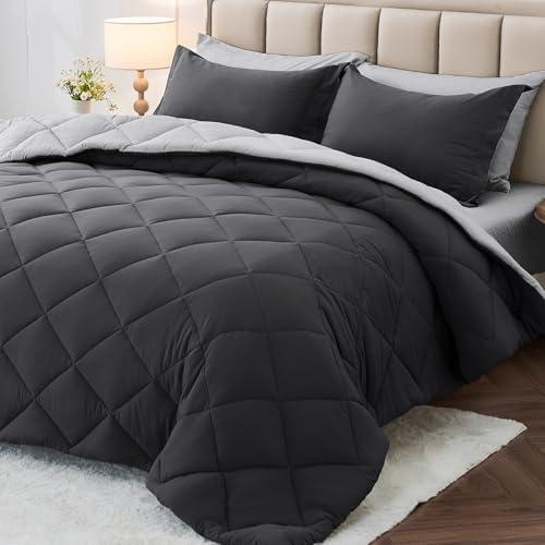 MUXHOMO 7 Pieces Oversized King Comforter Set, Reversible Bed in a Bag Oversized King Size, All Season Bedding Set with Comforter, Flat Sheet, Fitted Sheet, Pillowcases & Shams, Dark Grey & Light Grey