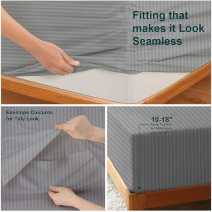 Split King Sheet Sets for Adjustable Beds Deep Pocket, Twin XL Fitted Sheet Sets for Adjustable Bed Split King 100% Extra Long Staple Cotton Deep Pocket Sheets 10-18 Inches Light Grey Stripe