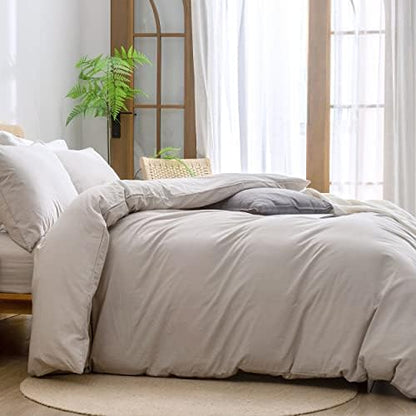 BESTOUCH Cotton Solid Duvet Cover Set Linen Feel Linen Grey Super King