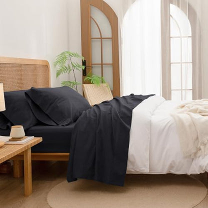 BESTOUCH Queen Washed Cotton Linen Feel Sheet Set 4 Pcs Deep Black