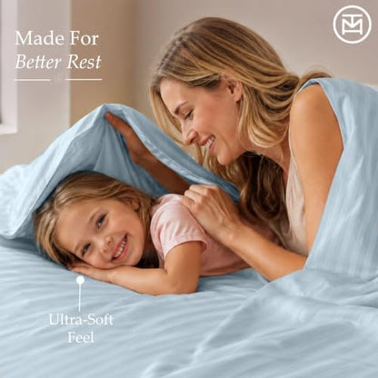 Threadmill 600TC Cotton Twin XL Sheet Set, Sateen, Damask Stripe, Blue