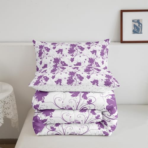jejeloiu Purple Flower Comforter Set Full Size Kids Floral Bedding Set for Boys Girls Teens Botanical Duvet Breathable Minimalist Aesthetics Quilt Bedroom Decor,1 Comforter with 2 Pillowcase