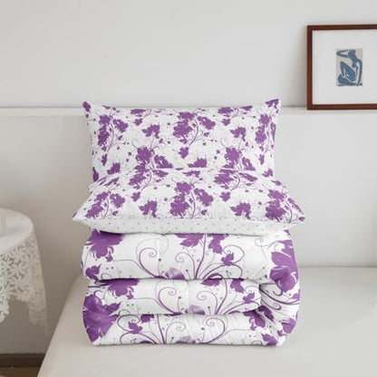 jejeloiu Purple Flower Comforter Set Twin Size Kids Floral Bedding Set for Boys Girls Teens Botanical Duvet Breathable Minimalist Aesthetics Quilt Bedroom Decor,1 Comforter with 1 Pillowcase