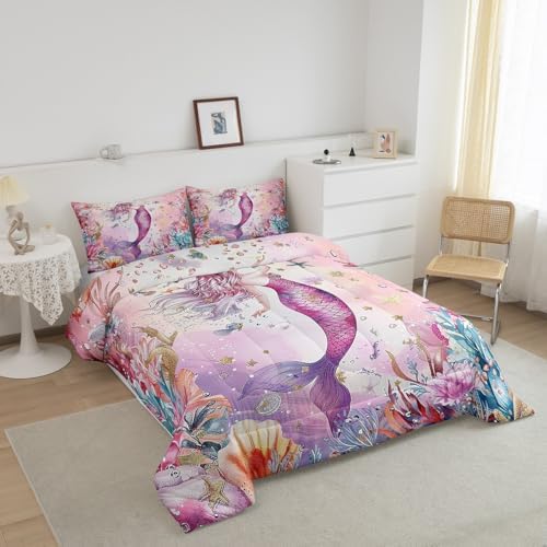 Homewish Pink Mermaid Bedding Set King Size,Coral Shell Starfish Comforter Set 3Pcs for Kids Girls Boys Teens Room Decor,Underwater World Quilt Set Pink Purple Dreamy Duvet Insert,2 Pillowcases