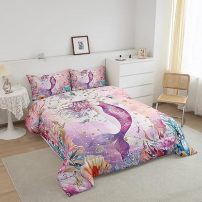 Homewish Pink Mermaid Bedding Set King Size,Coral Shell Starfish Comforter Set 3Pcs for Kids Girls Boys Teens Room Decor,Underwater World Quilt Set Pink Purple Dreamy Duvet Insert,2 Pillowcases