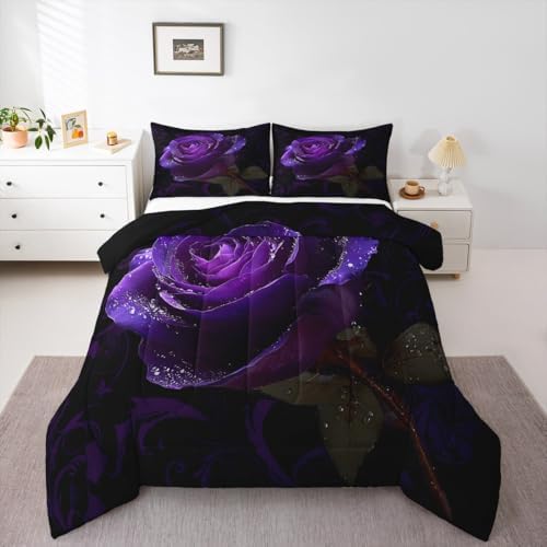 Purple Rose Lightweight Microfiber 3 Pieces Comforter Set for Lover,Couple Romantic Floral Bedding Set,Full Size Luxury Modern 3D Rose All Season Teens Bedroom Down Duvet,1 Comforter with 2 Pillowcase