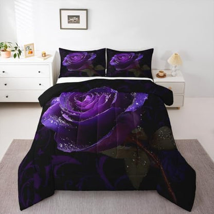Purple Rose Lightweight Microfiber 3 Pieces Comforter Set for Lover,Couple Romantic Floral Bedding Set,Full Size Luxury Modern 3D Rose All Season Teens Bedroom Down Duvet,1 Comforter with 2 Pillowcase