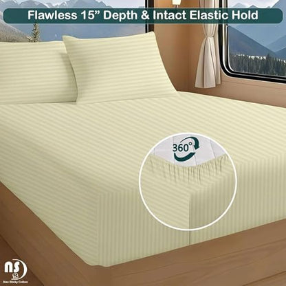 NON Sticky cotton RV Short Queen 4 Piece Sheet Set, 100% Long Staple Cotton, Soft Cooling Hotel Luxury Bedding Sheets, Deep Pocket Fits 15" Mattress, 60" x 75", Ivory Stripe