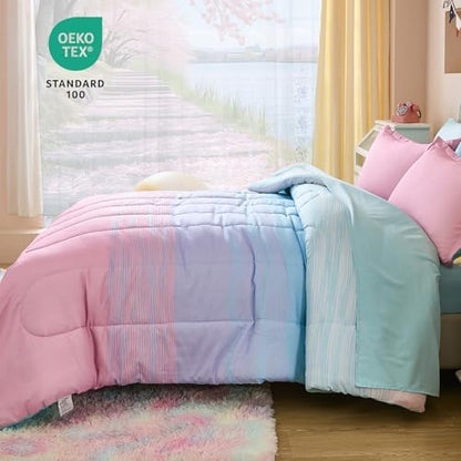 Dinjoy Girls Comforter Set Twin Size 5 Pieces Bed in A Bag Colorful Ombre Pink Green Rainbow Bedding Set for Kids Teen (1 Comforter, 1 Flat Sheet, 1 Fitted Sheet, 1 Pillow sham, 1 Pillowcases)