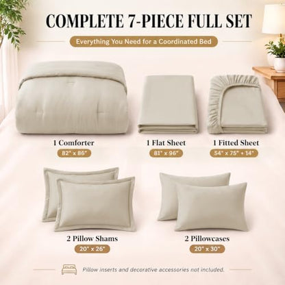CozyLux Full Size Comforter Set Oatmeal, 7 Pieces Bed in a Bag
