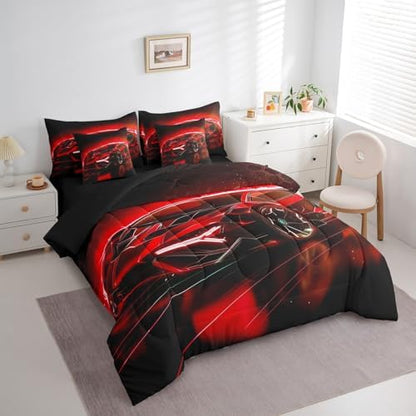 Feelyou Kids Boys Race Car 7 Piece Bedding Set Queen Size Red Sports Car Comforter Set with Sheets for Kids Teens Boys Girls Extreme Sports Theme Bed in a Bag Speed Luxury Car Bed Set