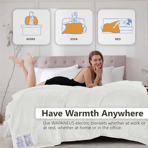Wapaneus Heated Blanket Electric Twin Size 62"x84" with 10 Heating Levels 12 Timer Settings 8 Hours Auto-Shut Off,Flannel Fast-Heating Electric Blanket,ETL Listed Machine Washable,Ivory