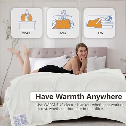 Wapaneus Heated Blanket Electric Twin Size 62"x84" with 10 Heating Levels 12 Timer Settings 8 Hours Auto-Shut Off,Flannel Fast-Heating Electric Blanket,ETL Listed Machine Washable,Ivory
