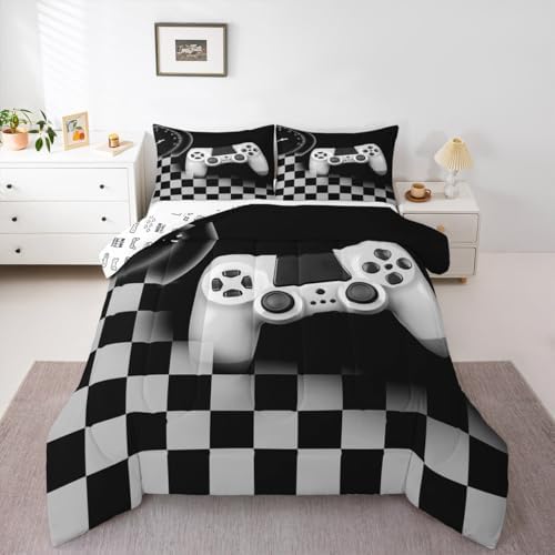 Erosebridal Gamer Comforter Set King,Gaming Bedding Set for Kids Teens,Black and Grey Buffalo Plaid Reversible Duvet Insert,Novelty Gamepad Pattern Down Comforter with 2 Pillow Shams Lightweight