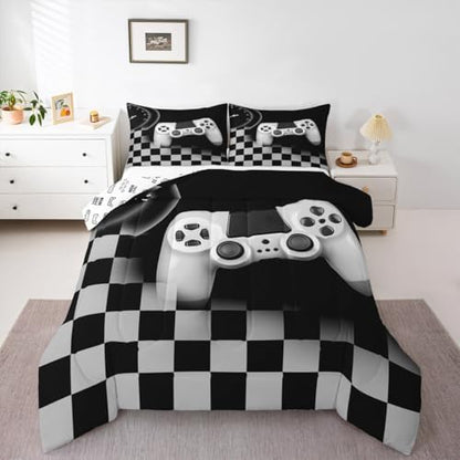Erosebridal Gamer Comforter Set King,Gaming Bedding Set for Kids Teens,Black and Grey Buffalo Plaid Reversible Duvet Insert,Novelty Gamepad Pattern Down Comforter with 2 Pillow Shams Lightweight