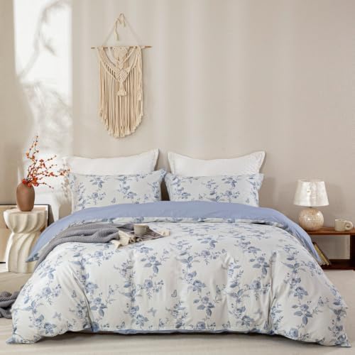 OAITE Queen Duvet Cover Set 3pcs 100% Cotton Vintage Blue Rose Floral