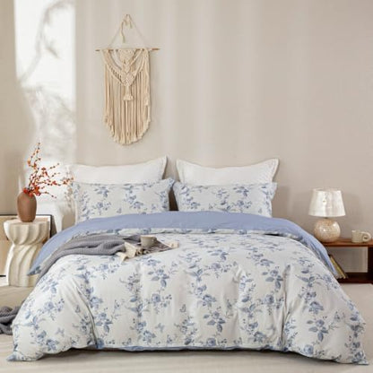 OAITE Twin Duvet Cover Set 3pcs 100% Cotton Vintage Blue Rose Floral