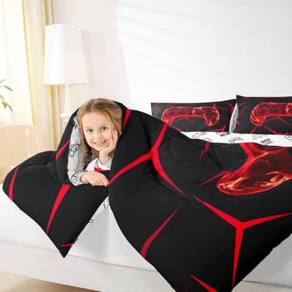 Castle Fairy Kids Game Kids Comforter Set,Game Controller Gamepad Bedding Set All Season,Gaming Honeycomb Red Comforter 2 Pcs with 1 Pillowcase,Toddler Size
