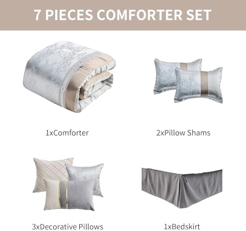 Bedduvit Luxurious Silky 7 Piece Queen Comforter Set - Soft Jaquard Floral Patchwork Design Comforters Queen Size, Silver Gray Down Alternative Bedding Set with Bed Skirt, Shams and Decorative Pillows