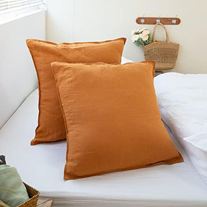 Simple&Opulence 100% Washed Linen Euro Shams 26'' x 26'' Pack of 2, Basic Style Solid Color Natural Flax Farmhouse Decorative Square Throw Pillow Covers for Bed Couch Sofa - Rust