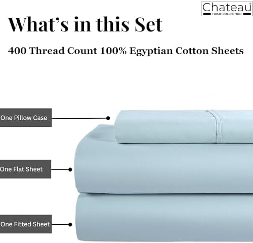 Twin XL Sheet Set, 400 Thread Count Twin XL Cotton Bed Sheets - Light Blue