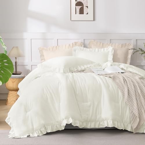Andency Ivory Ruffle Comforter Oversized Queen, 3 Pcs Solid Farmhouse Bed