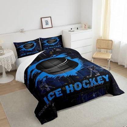 Manfei Ice Hockey Kids Comforter Set King Size, Sports Gaming Theme Blue Quilt Set with 2 Pillowcases, Hockey Player Bedding Set 3pcs for Boys Girls Bedroom Decor Lightweight Duvet Insert