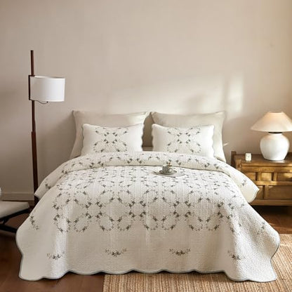 MarCielo 3Pcs Soft Cream Cotton Quilt Bedspread Set European Cottage Style TC153