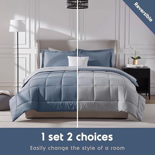 Nestl 9 Piece California King Comforter Set – Stone Blue Reversible Bed in a Bag – Complete Cal King Size Bedding Set with Sheets, Set of 2 Down Alternative Pillows, Pillowcases and Shams