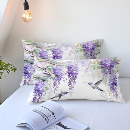 CCoutueChen Comforter Set Queen Purple Wisteria Bedding Set Hummingbirds Bedding Soft Down Alternative Comforter with 2 Pillowcases, Aesthetic Floral Design