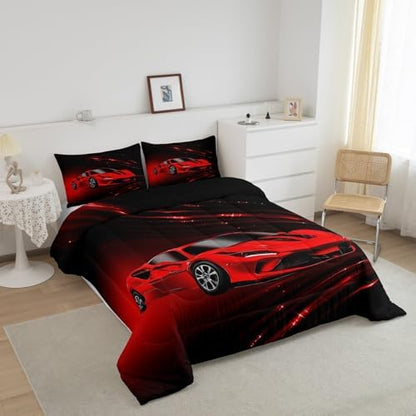 Feelyou Boys Red Race Car Bedding Set King Size Speed Sports Car Comforter Set for Kids Teens Adult Fast and Furious Duvet Set Red Ombre Quilt Set 3Pcs