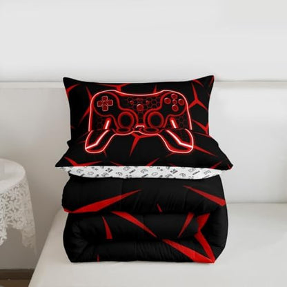 Feelyou Gamer Bedding Set Full Size Gaming Duvet Quilt for Kids Teens Adults Game Controller Comforter Set Geometric Gamepad Red Room Decor 3Pcs with 2 Pillow Case