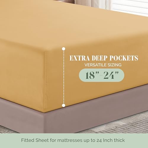 Elegant Comfort 4-Piece Bed Sheet Set - Luxury Bedding 1500 Premium Hotel Quality Microfiber, All Around Elastic 18-24 Inches Deep Fitted Sheet- Extra Deep Pocket Sheets, Queen, Camel-Gold