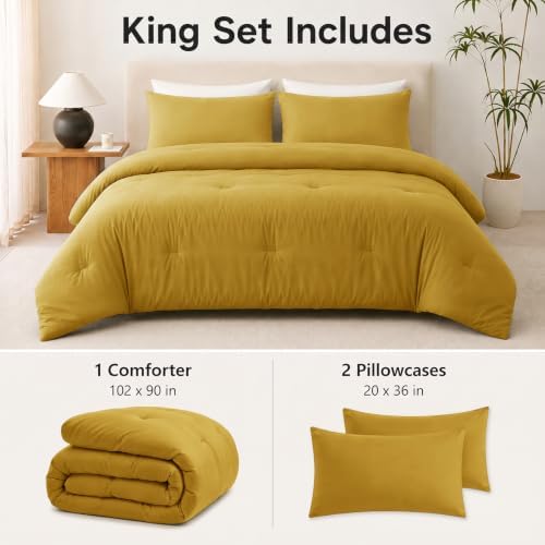 CozyLux King Comforter Set 3 Pieces Down Alternative Bedding Mustard Yellow