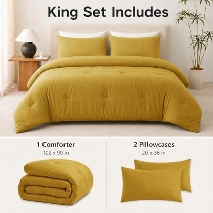CozyLux King Comforter Set 3 Pieces Down Alternative Bedding Mustard Yellow