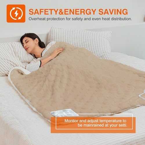 Heated Blanket Twin 62" x 84", Checked Electric Blanket, Khaki