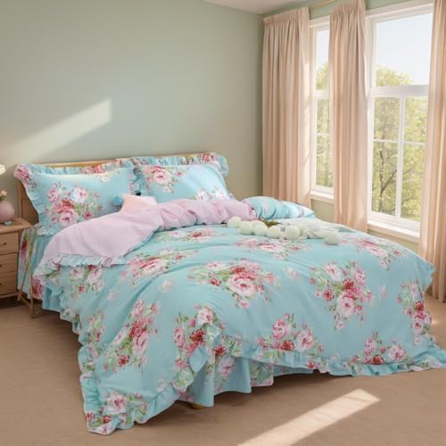 FADFAY Bed Set Farmhouse Shabby Pink Floral Chic Bedding Set Rose Floral Super Soft Bedskirt Set 100% Cotton 600 TC Exquisite Craft Girls Women 4-Piece California King Size