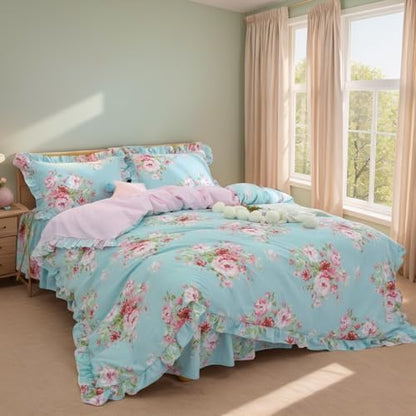FADFAY Bed Set Farmhouse Shabby Pink Floral Chic Bedding Set Rose Floral Super Soft Bedskirt Set 100% Cotton 600 TC Exquisite Craft Girls Women 4-Piece California King Size