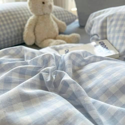 LifeTB Blue Gingham Comforter Set King 3 Pieces Blue Plaid Grid Comforter Set Geoometric Checkered Pattern Comforter with 2 Pillowcases Lightweight Soft Farmhouse Gingham Plaid Bedding Set