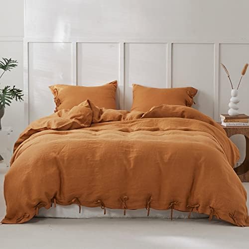 Simple&Opulence 100% Linen Duvet Cover Set 3pcs with Bowknot Ties Closure Natural French Washed Flax Solid Color Soft Breathable Farmhouse Bedding - Rust, Queen Size