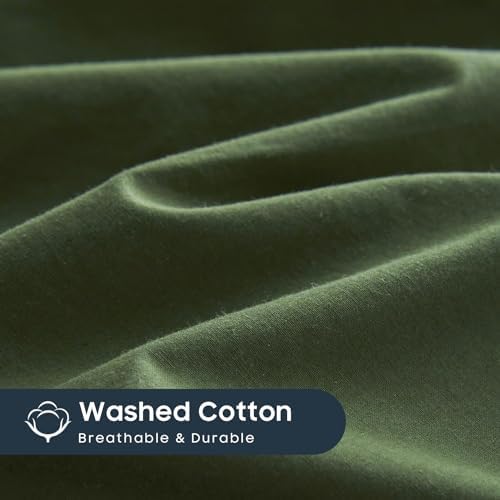 Wake In Cloud - Cotton Duvet Cover Set, 100% Washed Cotton, Linen Like Textured, Breathable Durable Comfy Farmhouse Neutral Bedding Set, 3 Pieces, Olive Green, Queen Size