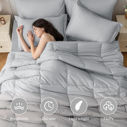 JOLLYVOGUE Twin Comforter Set, Ultra-Soft Bed in a Bag Twin Size 5 Pieces, Oeko-TEX Certified Bedding Set with Down Alternative Comforter, Sheets, Pillowcases & Shams, Light Grey