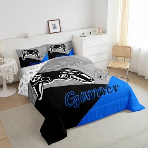 Feelyou Gaming Comforter for Boys Teen Video Game Bedding Set for Kids Gamer Comforter for All Season Gamepad Home Decor for Comforter Set Toddler Size,1 Comforter with 1 Pillowcase Blue Black Grey