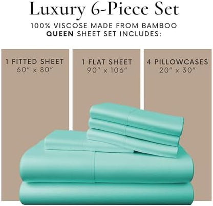 Bamboo Bay 6 Piece Queen Size Sheet Set, 100% Viscose Made from Bamboo, Breathable, Ultra Soft Cooling Bed Sheets for Hot Sleepers, Beddings with Deep Pockets Fit 16" Mattress, Ocean Wave