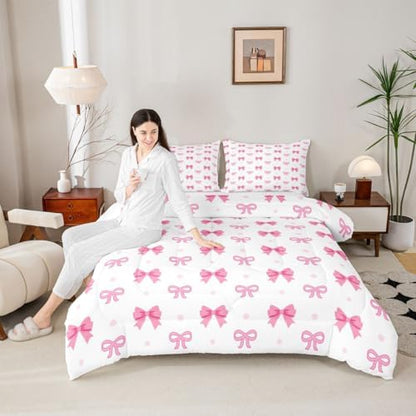 jejeloiu Bowknot Bedding Set Soft for Boys Girls, Pink Bow Comforter Set Queen Size Bow-tie Duvet Quilt Microfiber Dreamy Princess Bow Bedroom Decor 3 Pcs with 2 Pillow Cases