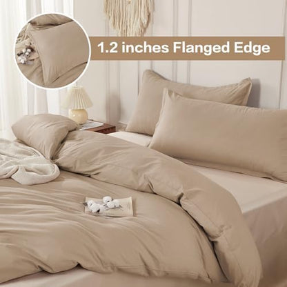 SAPHREAS 100% Washed Cotton Duvet Cover Full Size Set, Linen Like Comforter Cover with Zipper Closure & Corner Ties (No Comforter), 80x90 Khaki