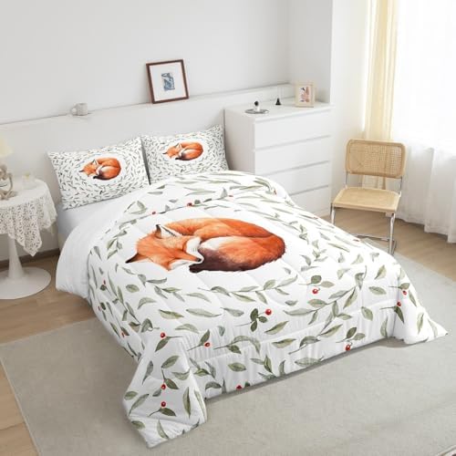 Manfei Lovely Fox Comforter Set Full Size, Cartoon Animal Theme Quilt Set with 2 Pillowcases, Botanical Floral Leaves Print Bedding Set 3pcs for Kids Boys Girls Bedroom Decor