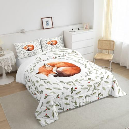 Manfei Lovely Fox Comforter Set King Size, Cartoon Animal Theme Quilt Set with 2 Pillowcases, Botanical Floral Leaves Print Bedding Set 3pcs for Kids Boys Girls Bedroom Decor