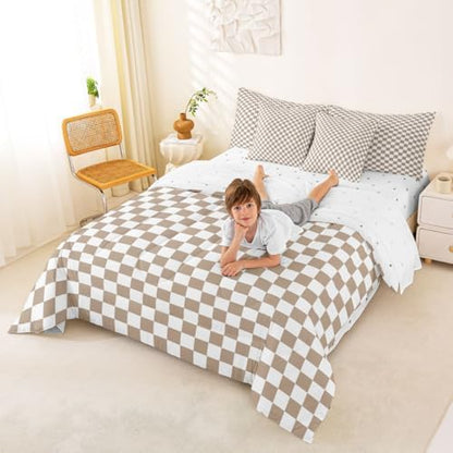 jejeloiu Light Brown Plaid Comforter Set King Size 7 Pieces Checkered Classic Bedding Set for Kids Grid Geometric Bed in a Bag with Comforter, Sheets, Pillowcases, Cushion Covers Lightweight